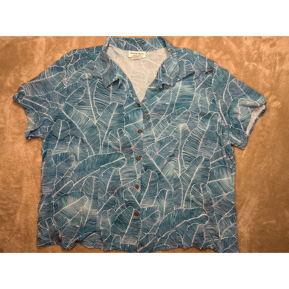 Hawaiian Reserve Collection Banana Leaf Turquoise Print Womens XL Button Front